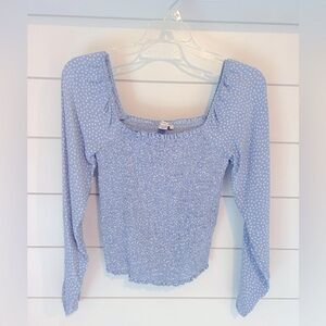 American Eagle blue and white polka dot square neck long sleeve top